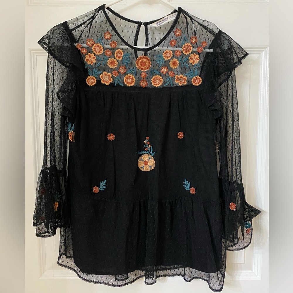 Zara Black Sheer Blouse with Floral Embroidery - Picture 2 of 12